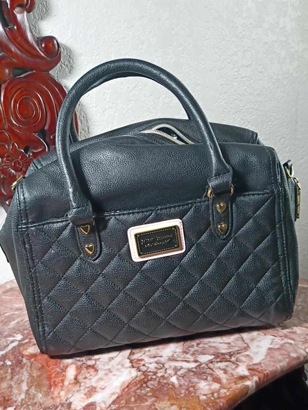 Betsey Johnson Black Quilted Satchel with Gold Hardware